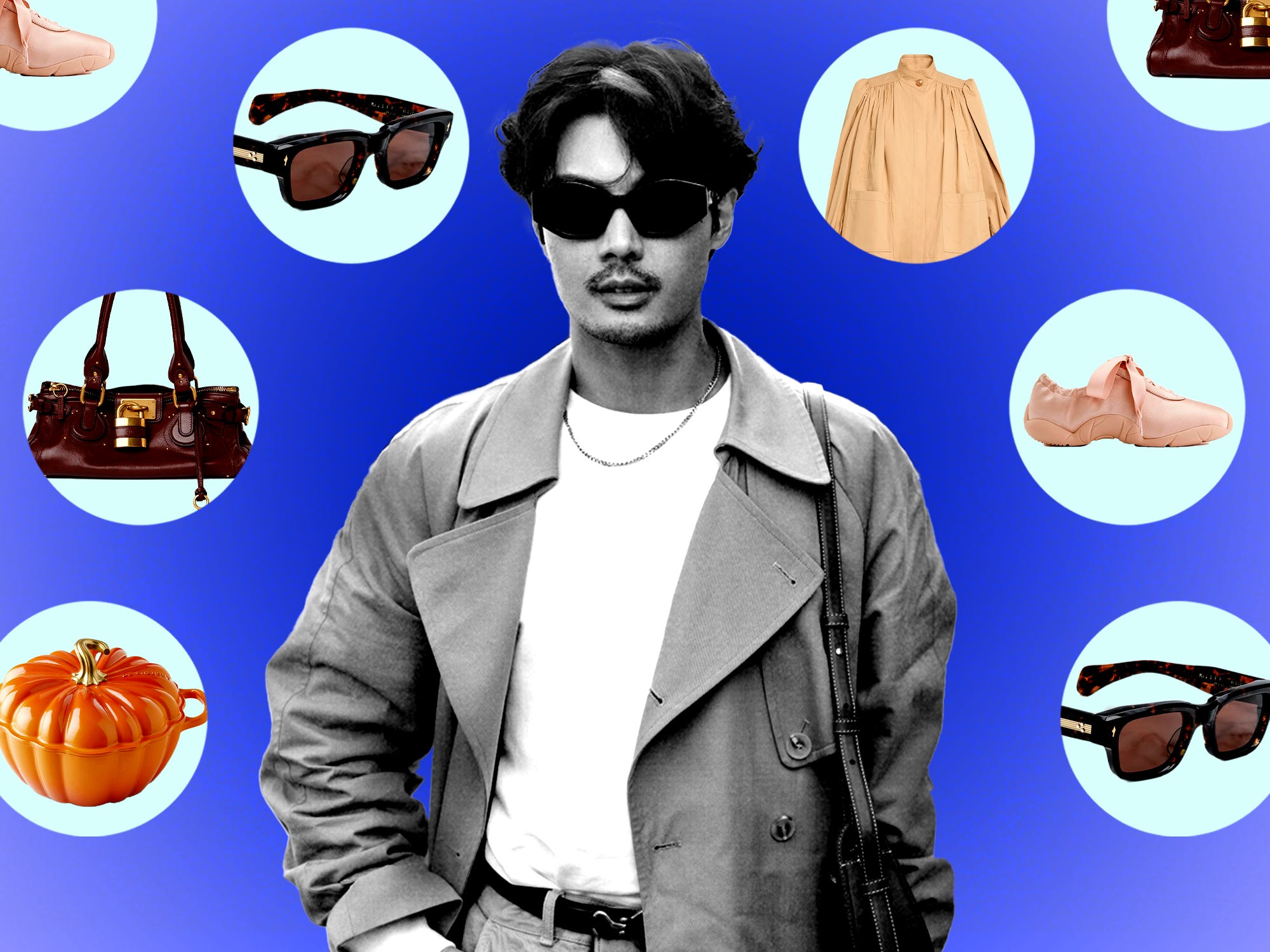 Fashionable young man surrounded by luxury items (Jacques Marie Mage sunglasses, Le Creuset Pumpkin Cocettes, Chloé Paddington bag, Black Pearl candles from Baobab, and High-Neck Puff-Sleeve Jacket).