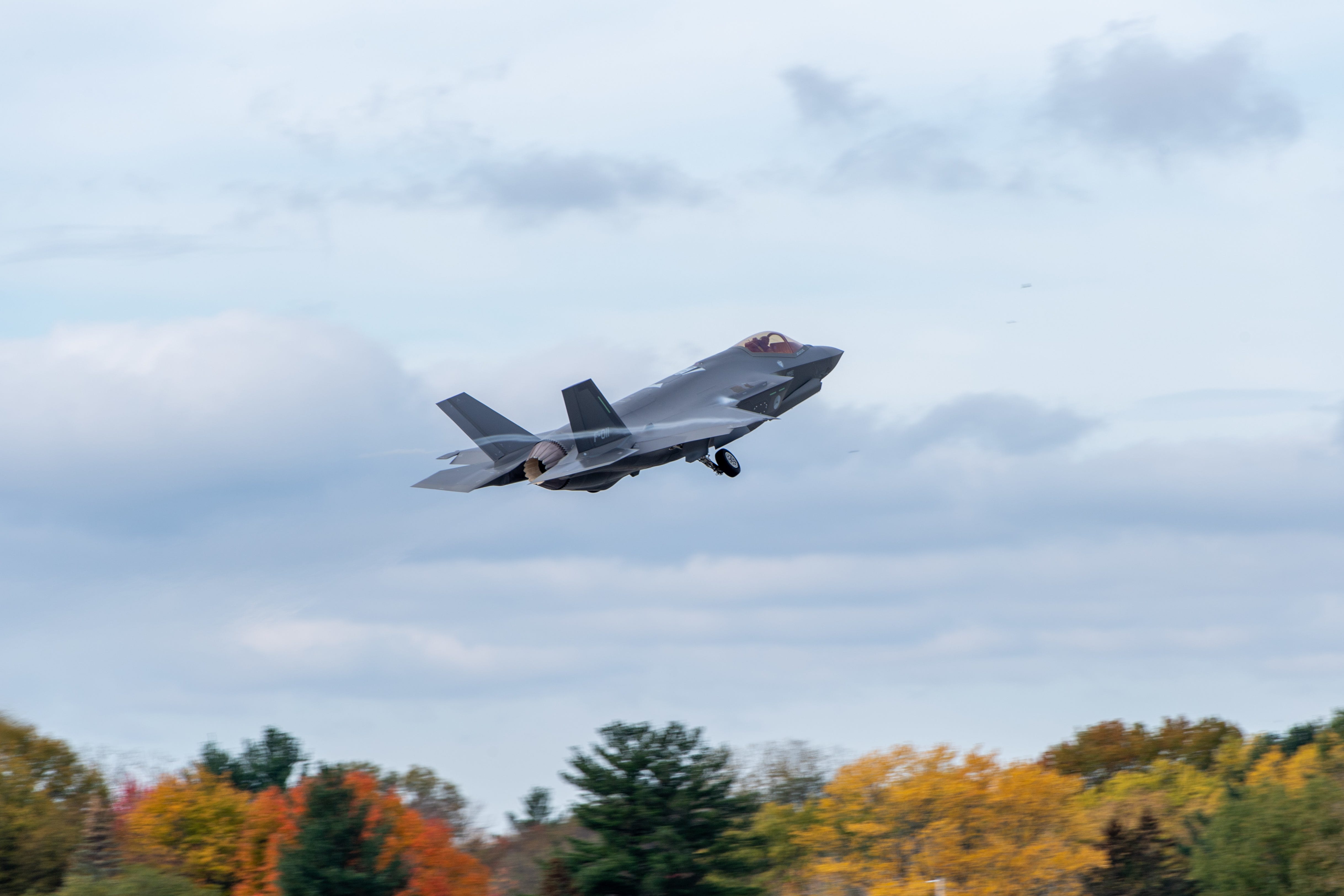 An F-35 assigned to the Royal Netherlands Air Force departs Vermont during a training mission, Vermont Air National Guard base, South Burlington, Vt., October 27, 2021.