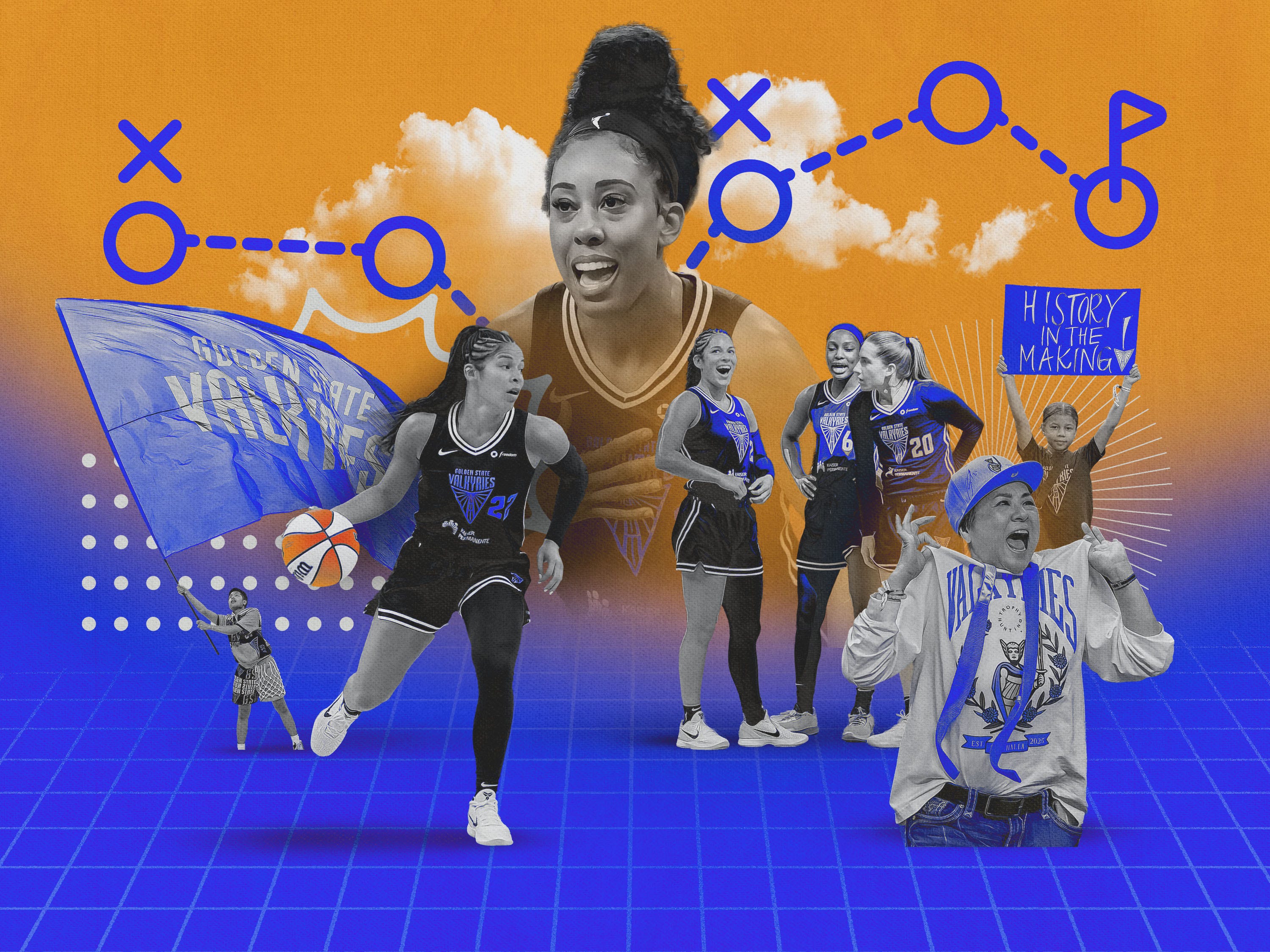 Photo collage featuring Golden State Valkyries fans cheering, holding up signs, action shots of Monique Billings #25, and Veronica Burton #22.