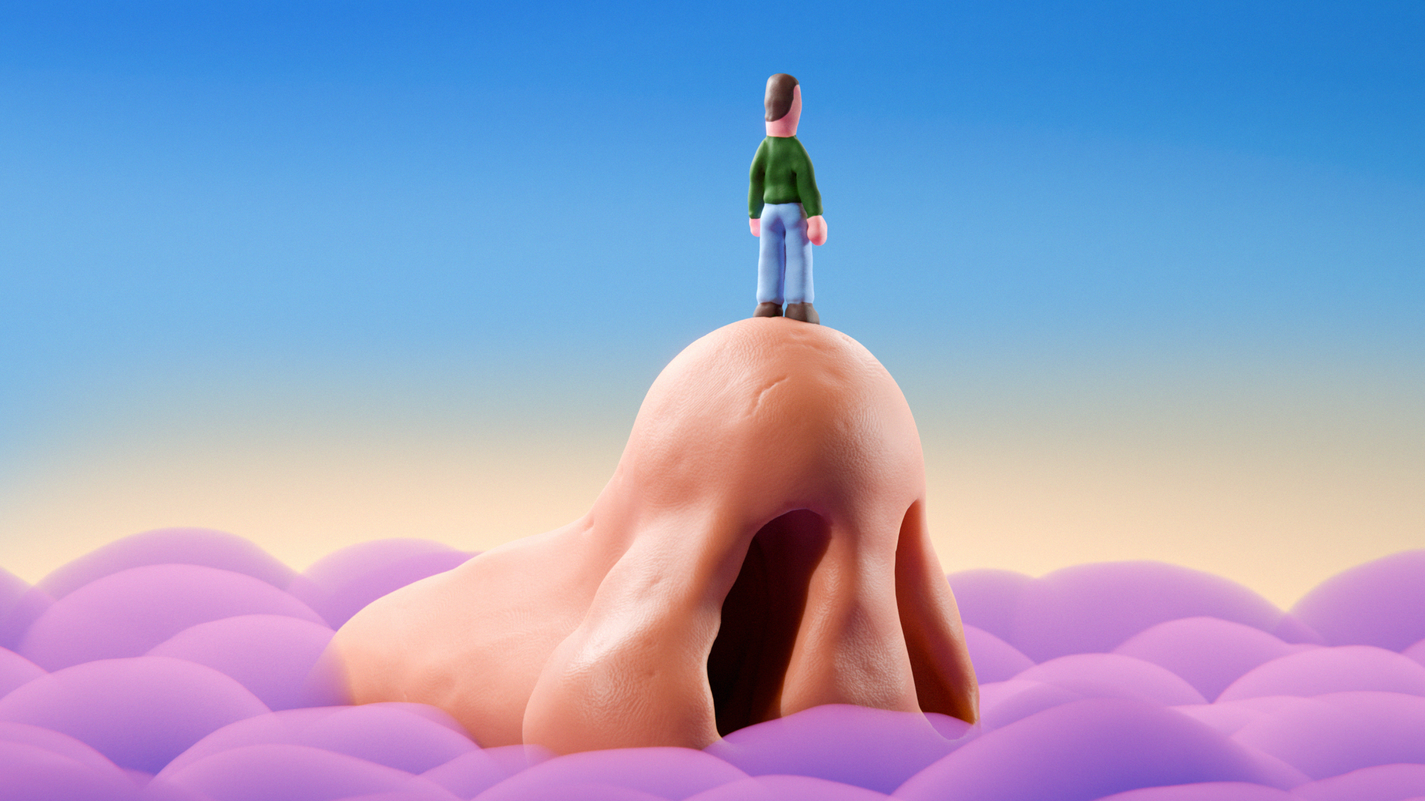 An illustration of a man standing on top of a giant nose, above a cloud of purple fragrance