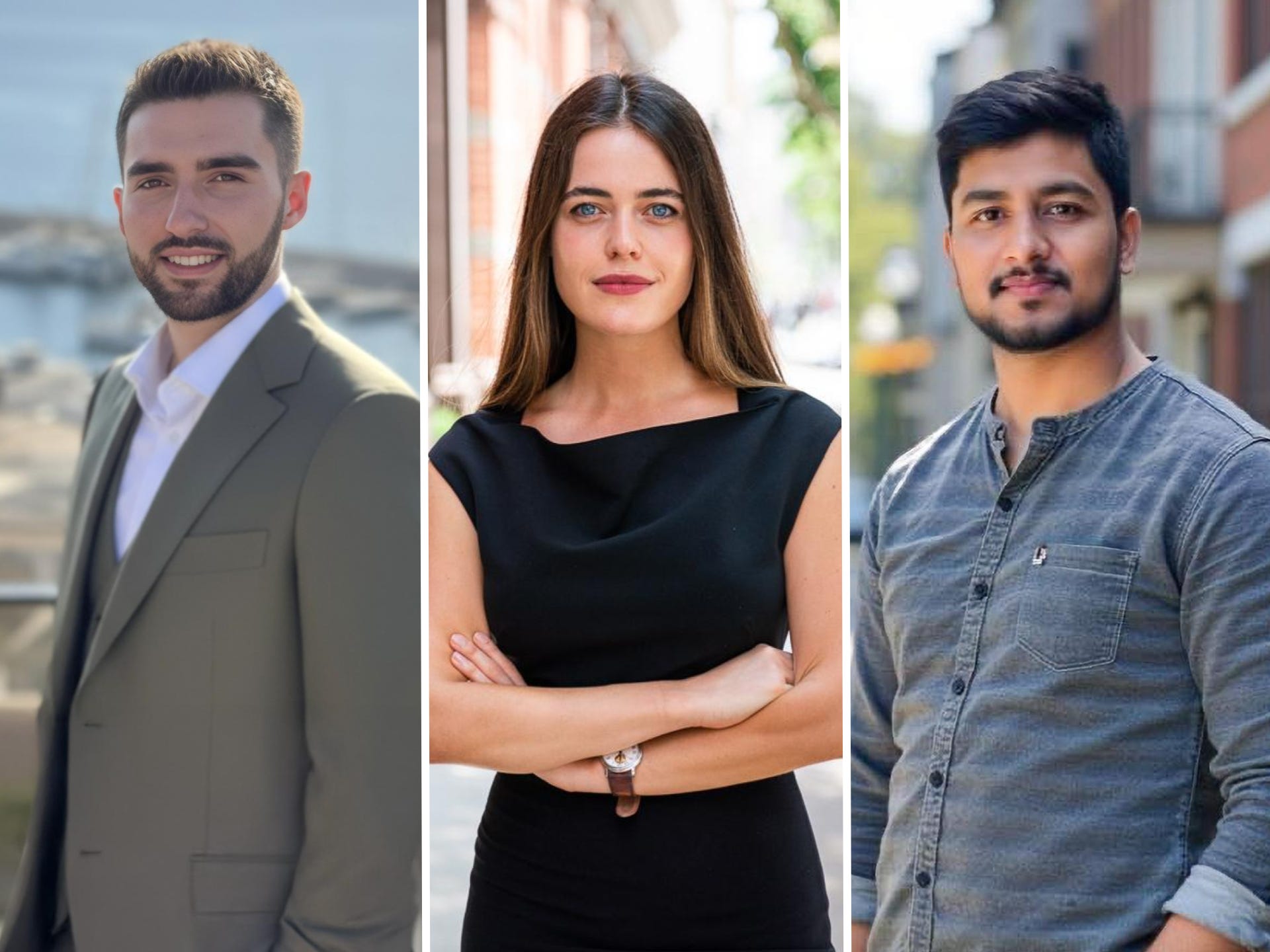 Three young professionals, including two men and one woman, pose outdoors and on city streets.