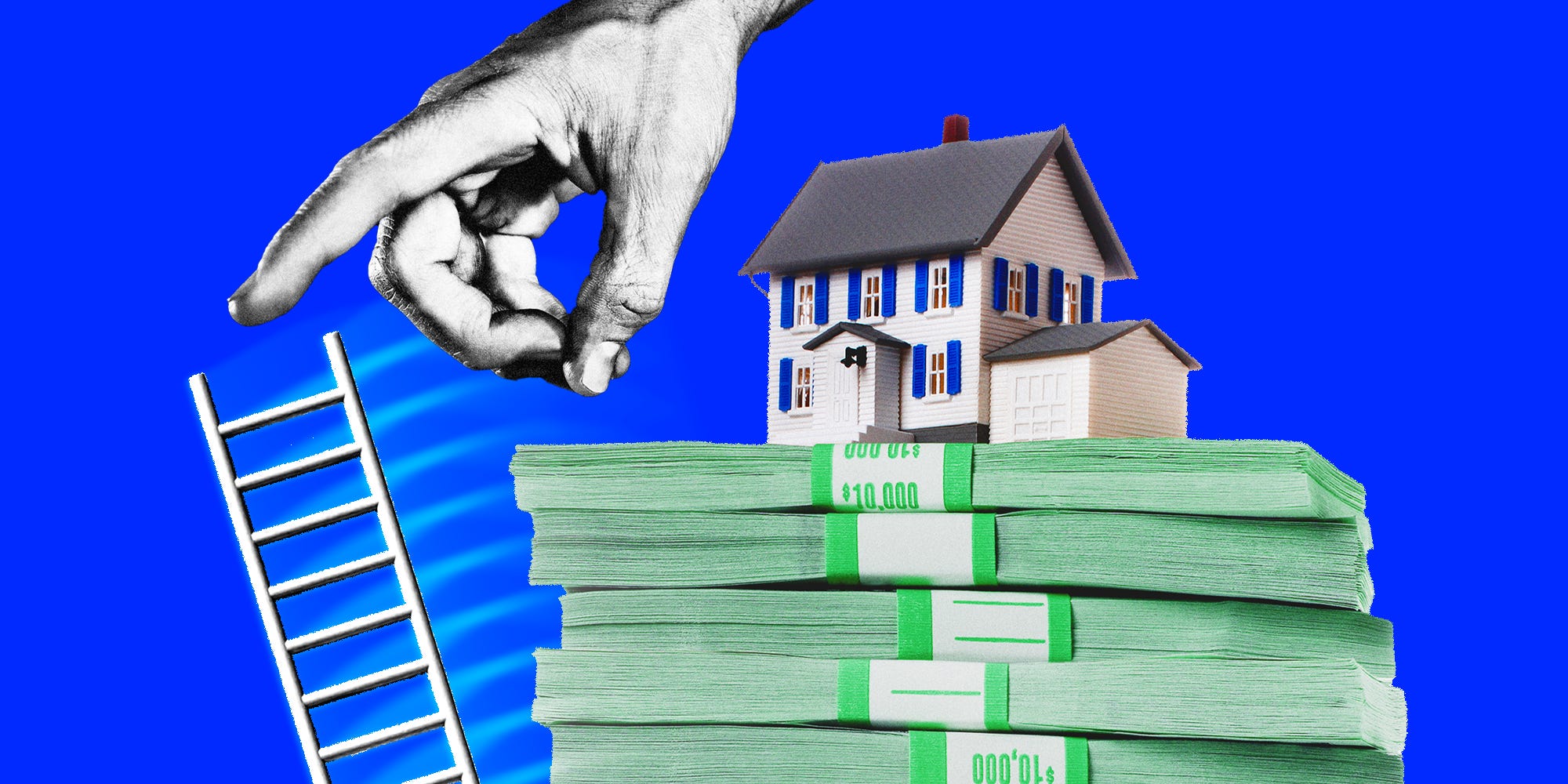 A hand pushing a ladder away from a house sitting on top of a stack of cash