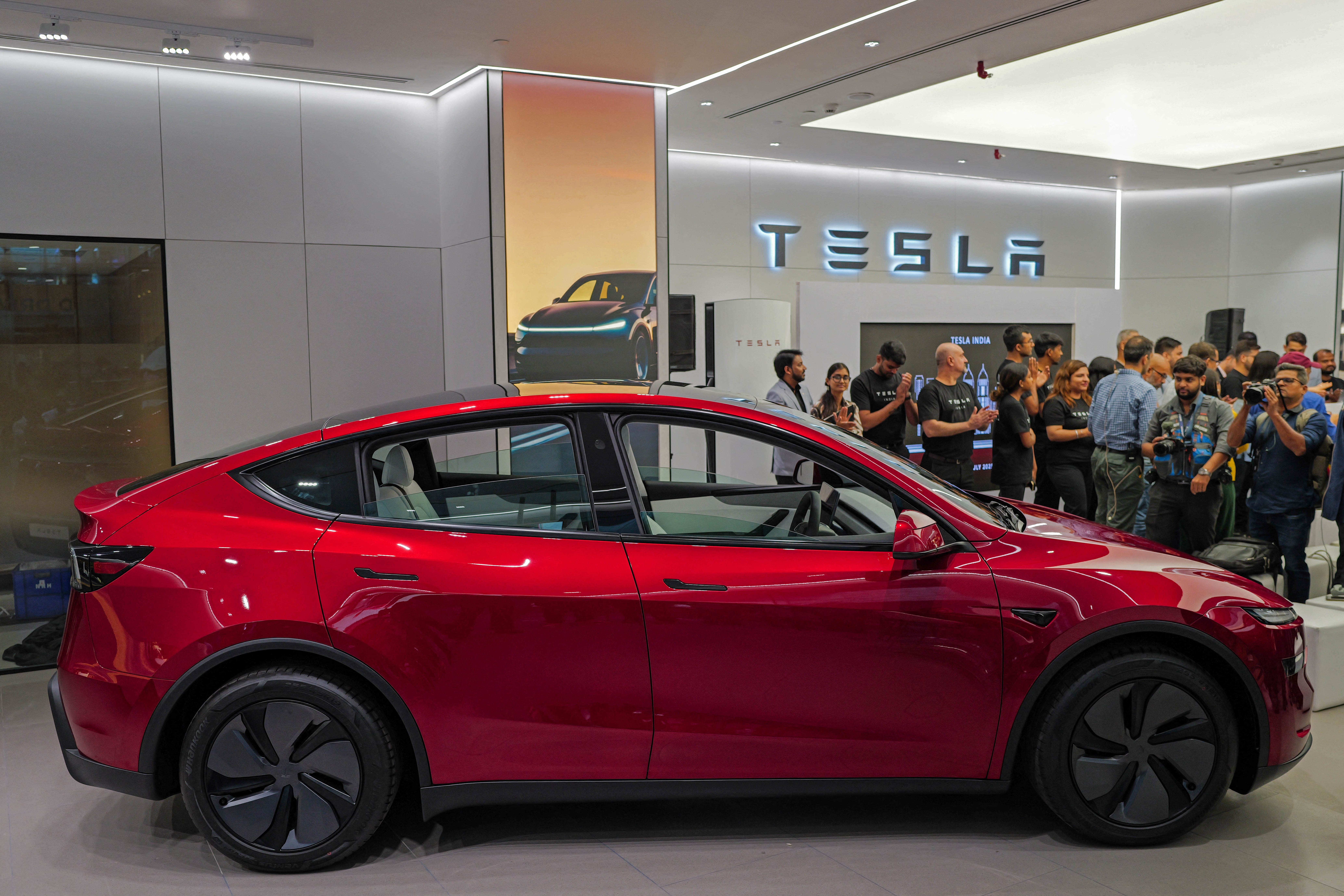 The Tesla Model Y is pictured in a showroom in India