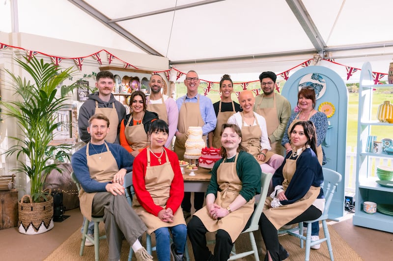 Back: Toby, Nadia, Aaron, Leighton, Jessika, Jasmine, Hassan, Lesley, 
Front: Tom, Pui Man, Iain, and Nataliia in 'The Great British Baking Show'