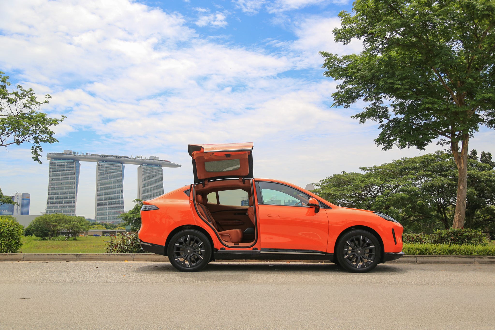 Guangzhou Automobile Group's Hyptec HT photographed with Marina Bay Sands in the background.