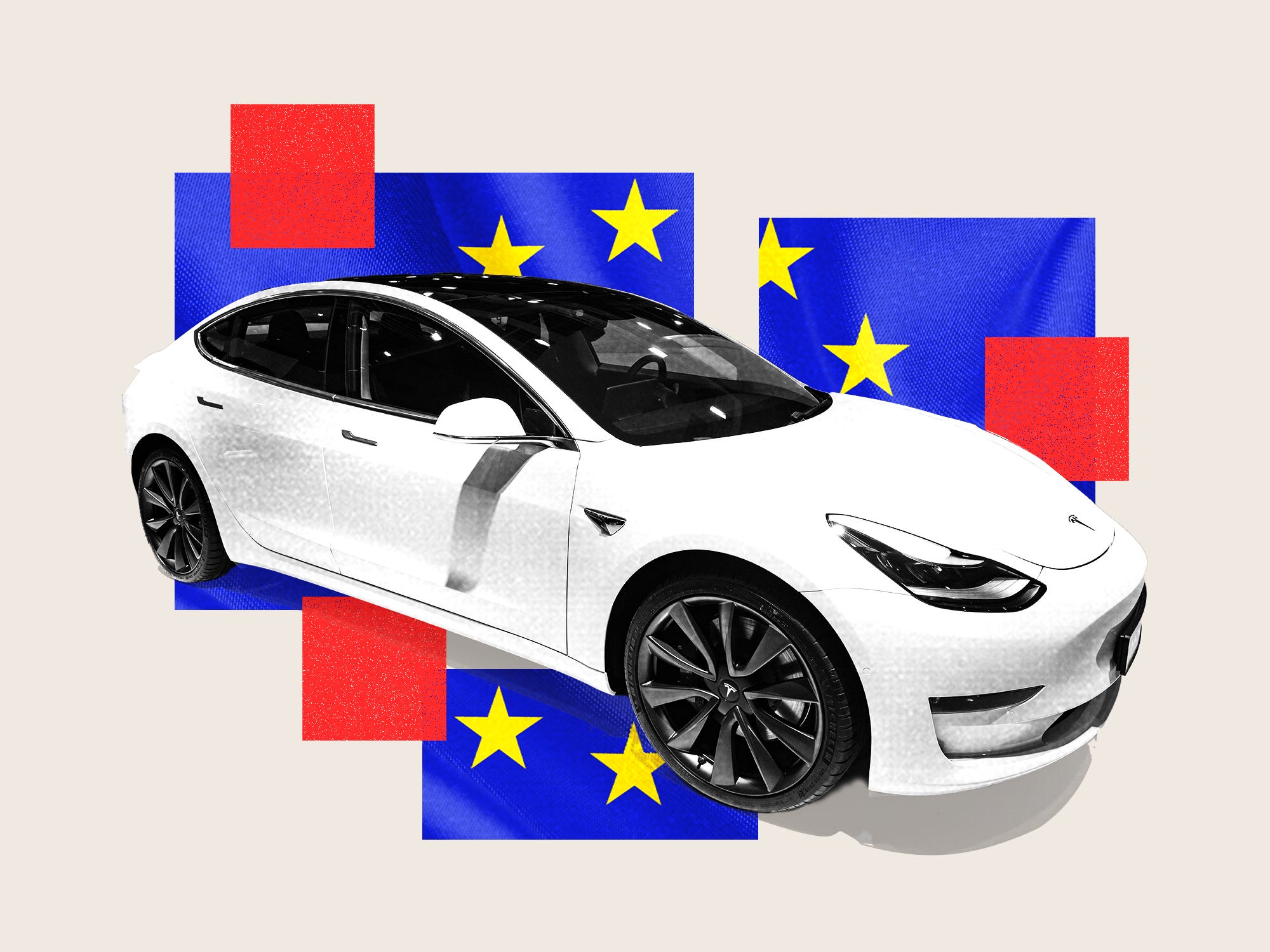 Tesla Model 3 compact sedan car in white in front of European Union Flag.