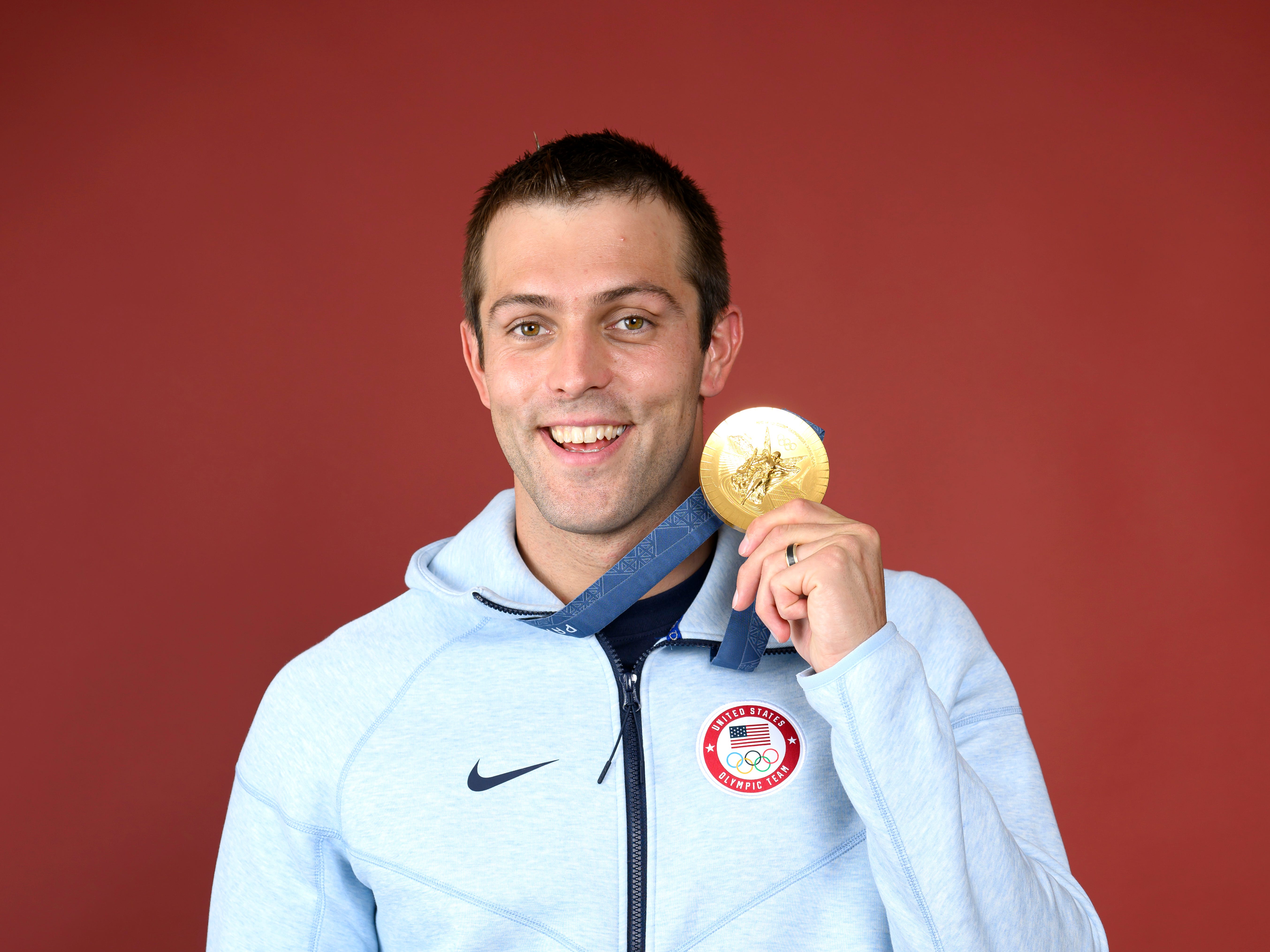PARIS, FRANCE - AUGUST 02: (BROADCAST-OUT) Olympian Ryan Held of Team United States poses on the Today Show Set on August 02, 2024 in Paris, France.