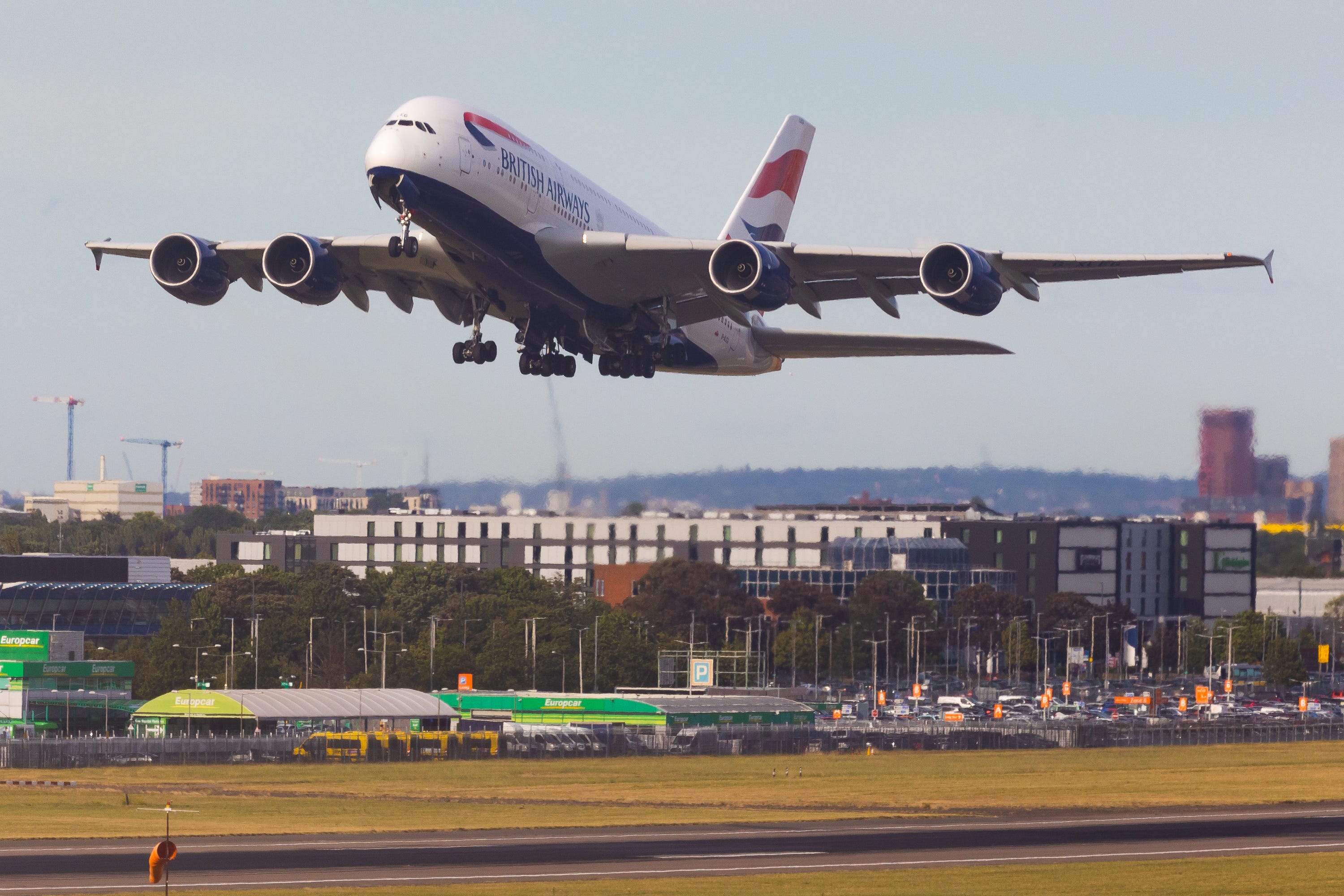 A British Airways A380 takes off from London Heathrow Airport.