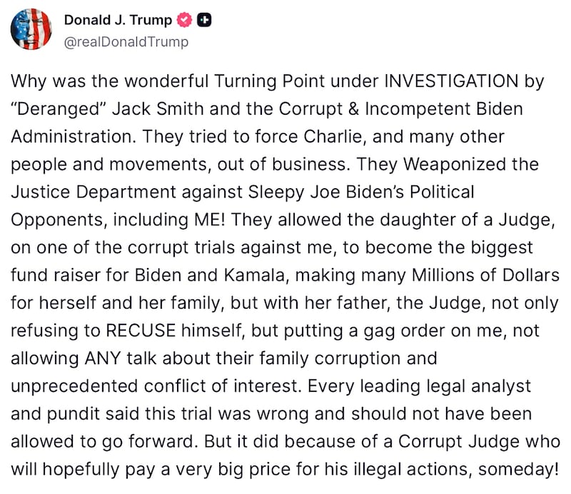 Donald Trump's Truth Social post at around 3.30am U.K. time.