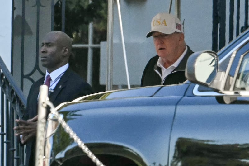 US President Donald Trump exits the White House and walks to his motorcade, en route to the Trump National Golf Club on September 1, 2025,