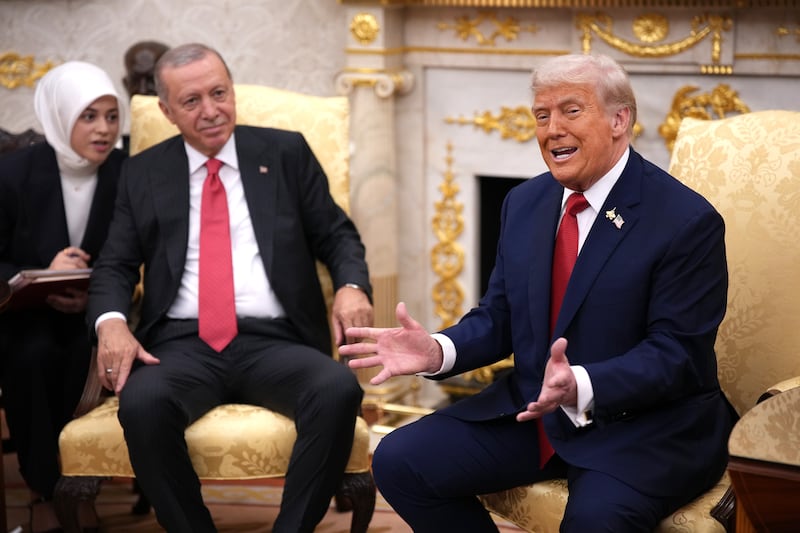 President Donald Trump (R) delivers remarks during a meeting with President of Turkey Recep Tayyip Erdogan in the Oval Office at the White House on September 25, 2025 in Washington, DC. Trump has signaled that the U.S. might lift a ban on F-35 sales to Turkey during Erdogan’s first visit to the White House since 2019. (Photo by Andrew Harnik/Getty Images)