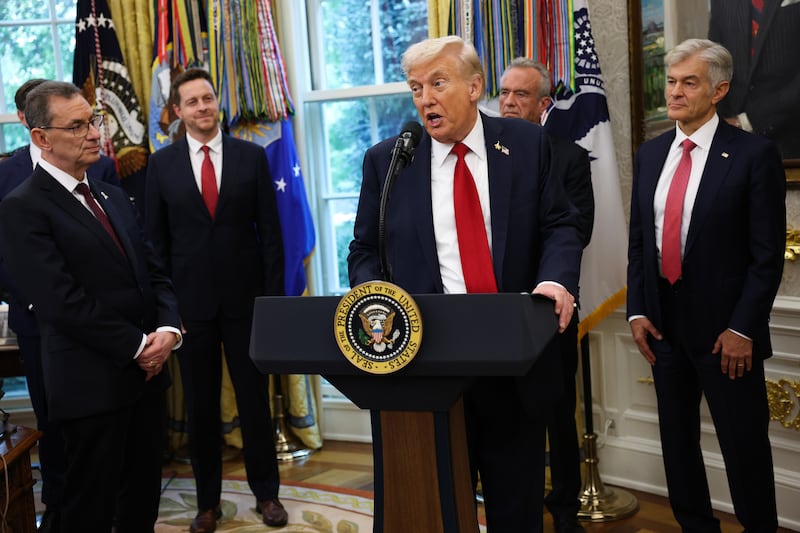 President Donald Trump is joined by Pfizer CEO Albert Bourla and his top health officials as he announced a deal  to lower Medicaid drug prices at the White House on September 30, 2025.