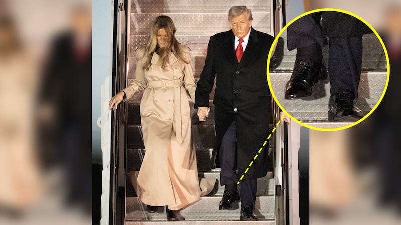 US President Donald Trump and First Lady Melania Trump step off Air Force One as they arrive at Stansted Airport, in Essex, ahead of the US President's second state visit to the UK. Picture date: Tuesday September 16, 2025.