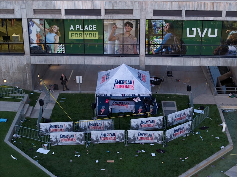 A drone view shows the scene where U.S. right-wing activist, commentator, Charlie Kirk, an ally of President Donald Trump, was fatally shot during an event at Utah Valley University, in Orem, Utah, Sept. 11, 2025.