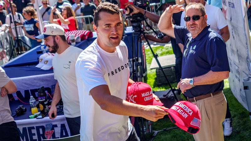 Charlie Kirk speaks at Utah Valley University on Sept. 10, 2025 in Orem, Utah.  Kirk, founder of Turning Point USA, was speaking at his "American Comeback Tour" when he was shot in the neck and killed.