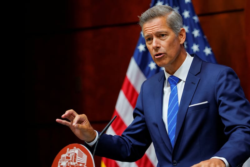 U.S. Transportation Secretary Sean Duffy announces actions against states for failing to enforce English language requirements for commercial drivers, during a press conference at the U.S. Department of Transportation in Washington, D.C., U.S., August 26, 2025. REUTERS/Brian Snyder