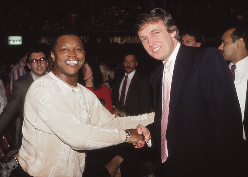 ATLANTIC CITY, NJ -APRIL 2:  Businessman Donald Trump and promoter Butch Lewis at WrestleMania V at Convention Hall in Atlantic City, New Jersey April 2 1989. (Photo by Jeffrey Asher/ Getty Images)