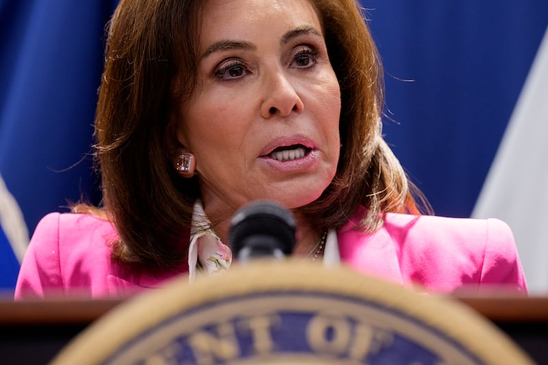 Pirro speaks during a news conference on August 26, 2025 in Washington, DC. Multiple firearms were on display during a news conference to announce a take down of a D.C. fentanyl and PCP drug trafficking crew. (Photo by Andrew Harnik/Getty Images)