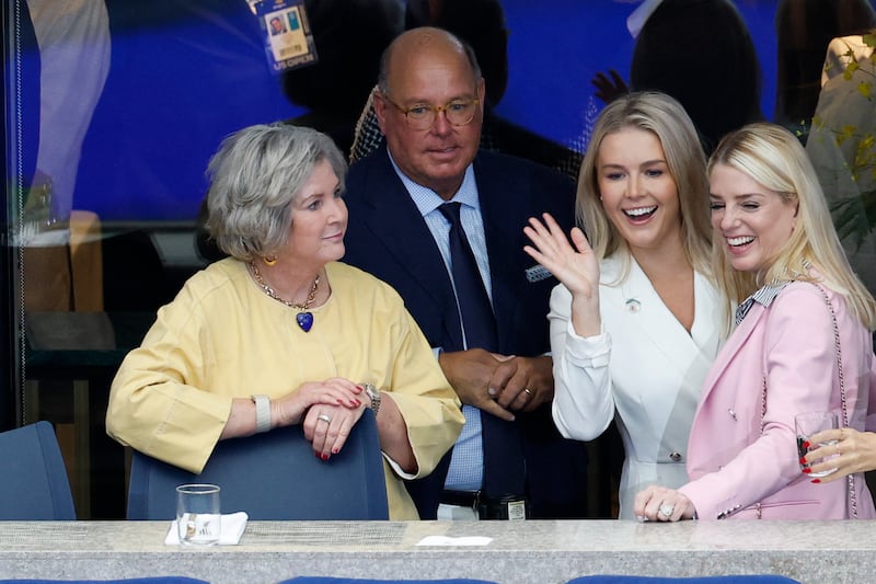 Sep 7, 2025; Flushing, NY, USA;  Chief of Staff Susie Wiles (left), White House Press Secretary Karoline Leavitt (center), and United States Attorney General Pam Bondi (right) prior to the final of mens singles at Billie Jean King National Tennis Center. Mandatory Credit: Geoff Burke-Imagn Images