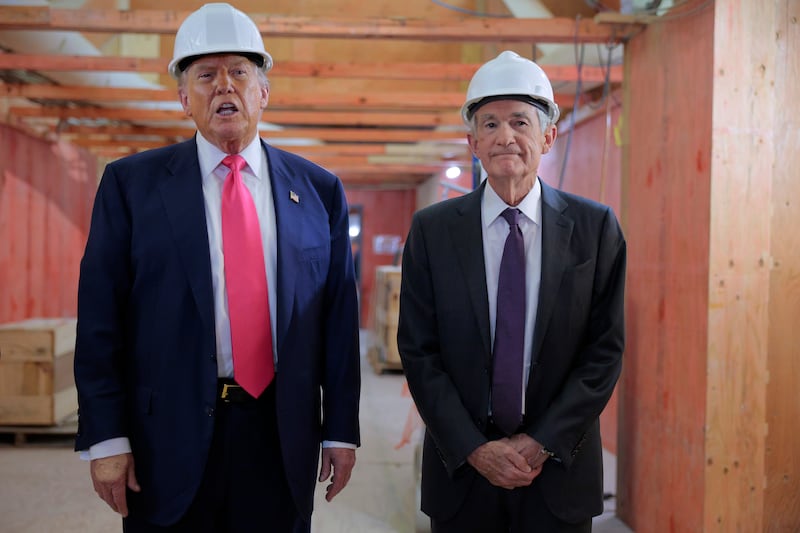 WASHINGTON, DC - JULY 24: U.S. President Donald Trump and Federal Reserve Chair Jerome Powell talk to reporters while touring the Federal Reserve’s $2.5 billion headquarters renovation project on July 24, 2025 in Washington, DC. Trump has been critical of the cost of the renovation, blaming Fed Chair Jerome Powell, whom he has called a "numbskull,” for the cost. Trump has recently threatened to oust Powell because, according to the president, the bank has not lowered interest rates fast enough. (Photo by Chip Somodevilla/Getty Images)