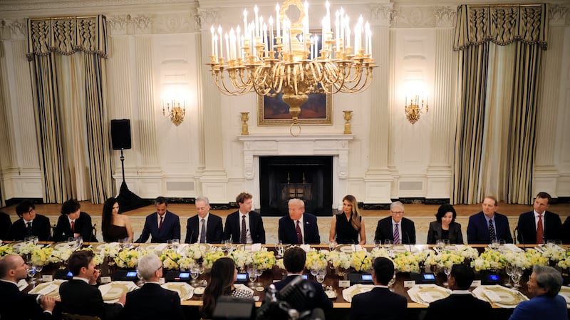 President Donald Trump and First Lady Melania Trump host a private dinner for technology and business leaders in the State Dining Room at the White House on September 4, 2025.
