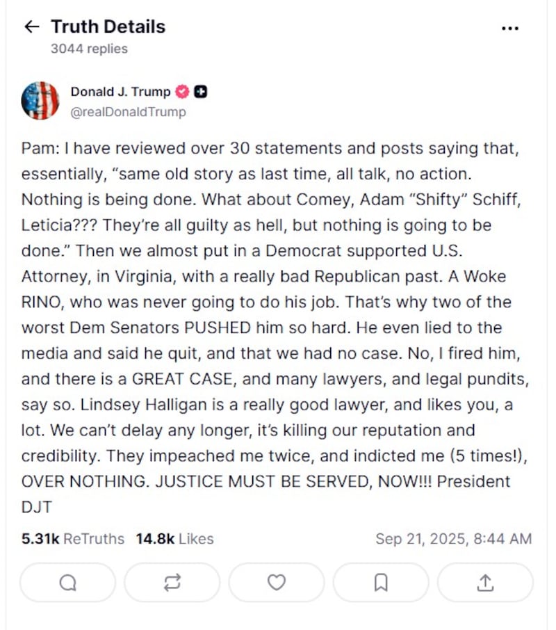 President Donald Trump calls on Attorney General Pam Bondi to prosecute his political enemies on Truth Social.