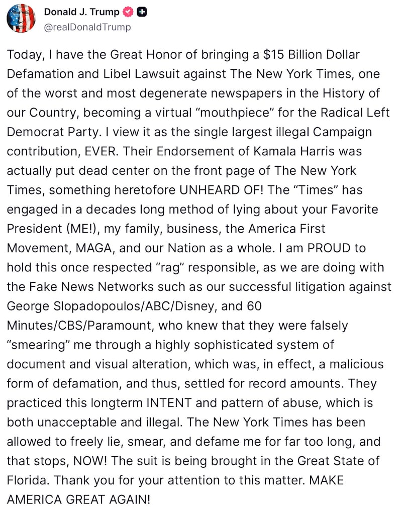 Donald Trump posts his latest lawsuit on Truth Social.