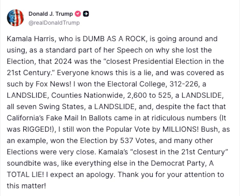 Trump falsely claimed the 2024 election in California was rigged while bragging about his overall performance.