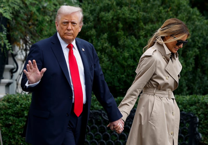U.S. President Donald Trump and first lady Melania Trump depart the White House en route to London on September 16, 2025 in Washington, DC.