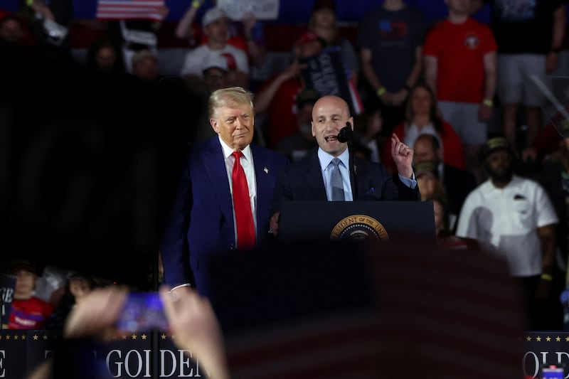 speaks during a rally to mark Trump's 100th day in office, at Macomb Community College in Warren, Michigan, U.S., April 29, 2025. REUTERS/Evelyn Hockstein