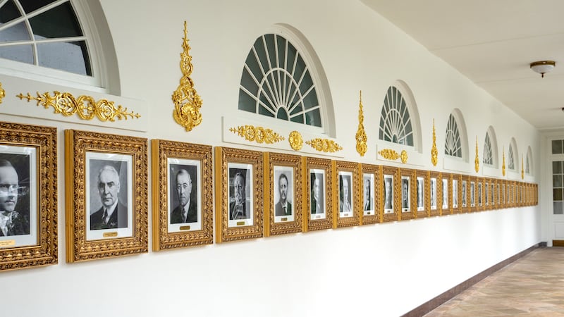 The White House "Walk of Fame" now has additional gold leaf decorations above the presidential portraits on Sept. 30, 2025.