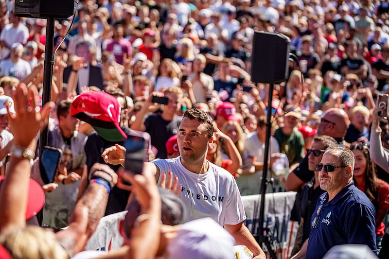 OREM, UTAH - SEPTEMBER 10:  Charlie Kirk appears at Utah Valley University on September 10, 2025 in Orem, Utah.  Kirk, founder of Turning Point USA, was speaking at his "American Comeback Tour" when he was shot in the neck and killed.  (Photo by Trent Nelson/The Salt Lake Tribune/Getty Images)
