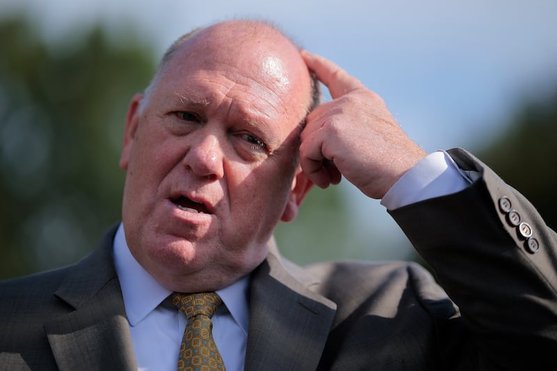 WASHINGTON, DC - AUGUST 28: White House Border Czar Tom Homan talks to reporters after a television interview outside the West Wing of the White House on August 28, 2025 in Washington, DC. Homon continued to defend President Donald Trump's aggressive mass deportation policy and said that he is working to re-deport Kilmar Abrego Garcia, who was mistakenly deported to El Salvador and then returned to the U.S. (Photo by Chip Somodevilla/Getty Images)