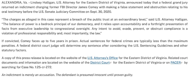 The press release on James Comey sent out from Lindsey Halligan's office.
