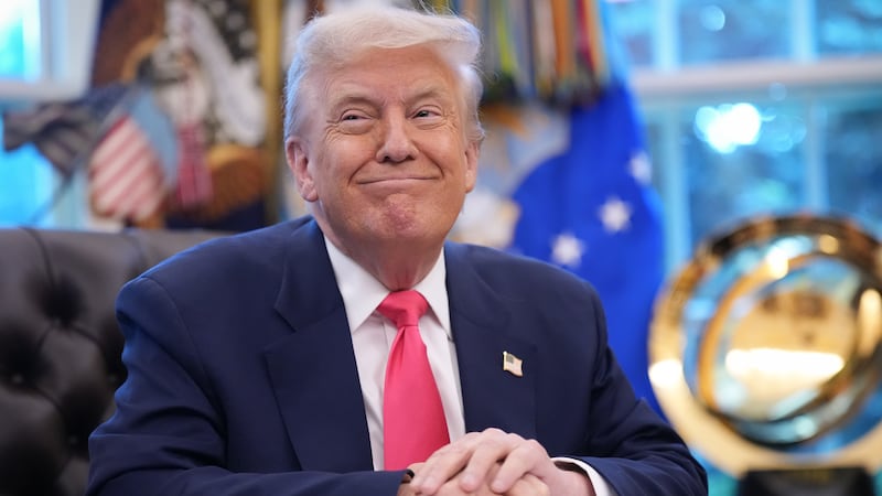 U.S. President Donald Trump speaks in the Oval Office on August 14, 2025.