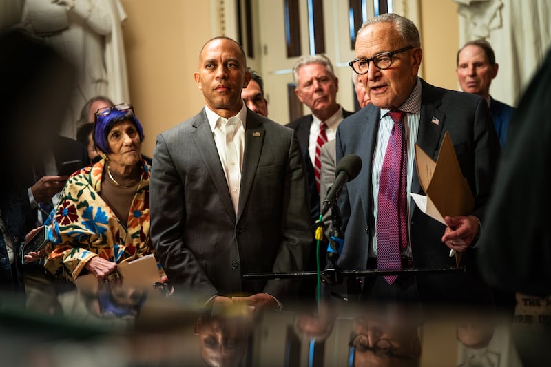 Senate Minority Leader Charles Schumer and House Minority Leader Hakeem Jeffries speak on Capitol Hill on September 11, 2025 ahead of the looming government shutdown. On Tuesday, Trump pulled a plug on meeting with the Democratic leaders.