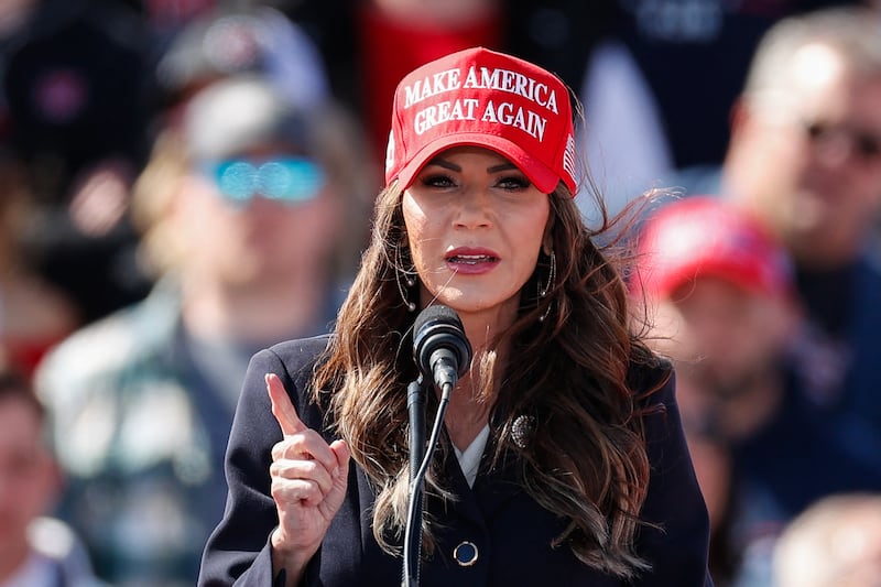 Kristi Noem speaks during a Buckeye Values PAC Rally in Vandalia, Ohio, on March 16, 2024.