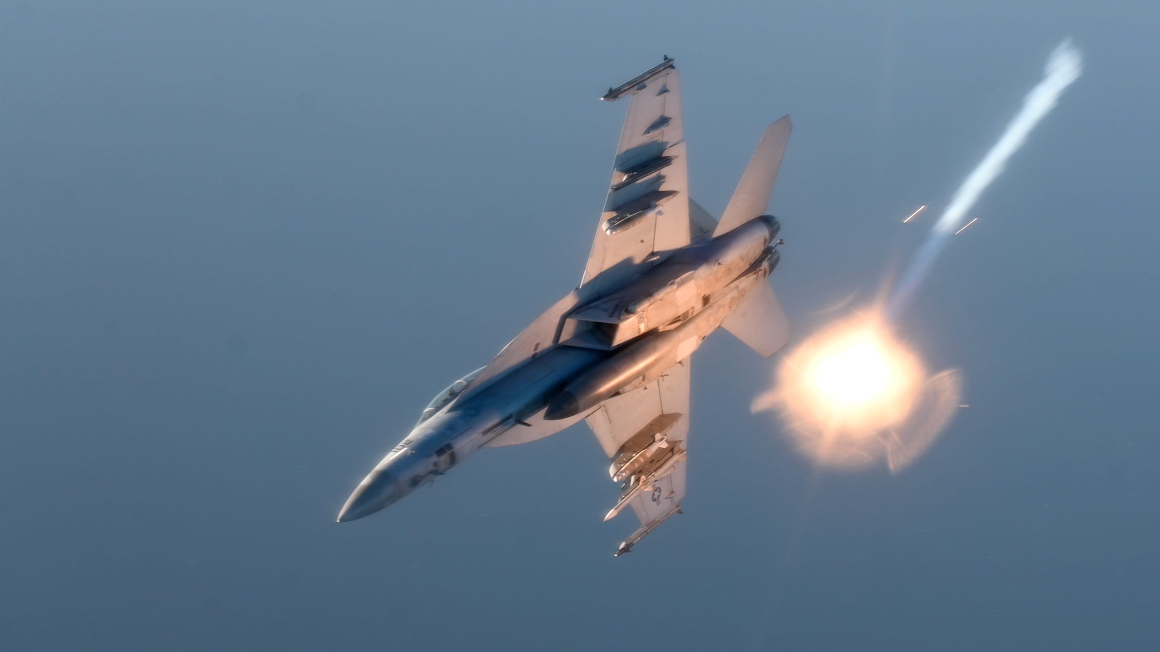 A US Navy F/A-18 Super Hornet flies over the Red Sea during routine operations in January.