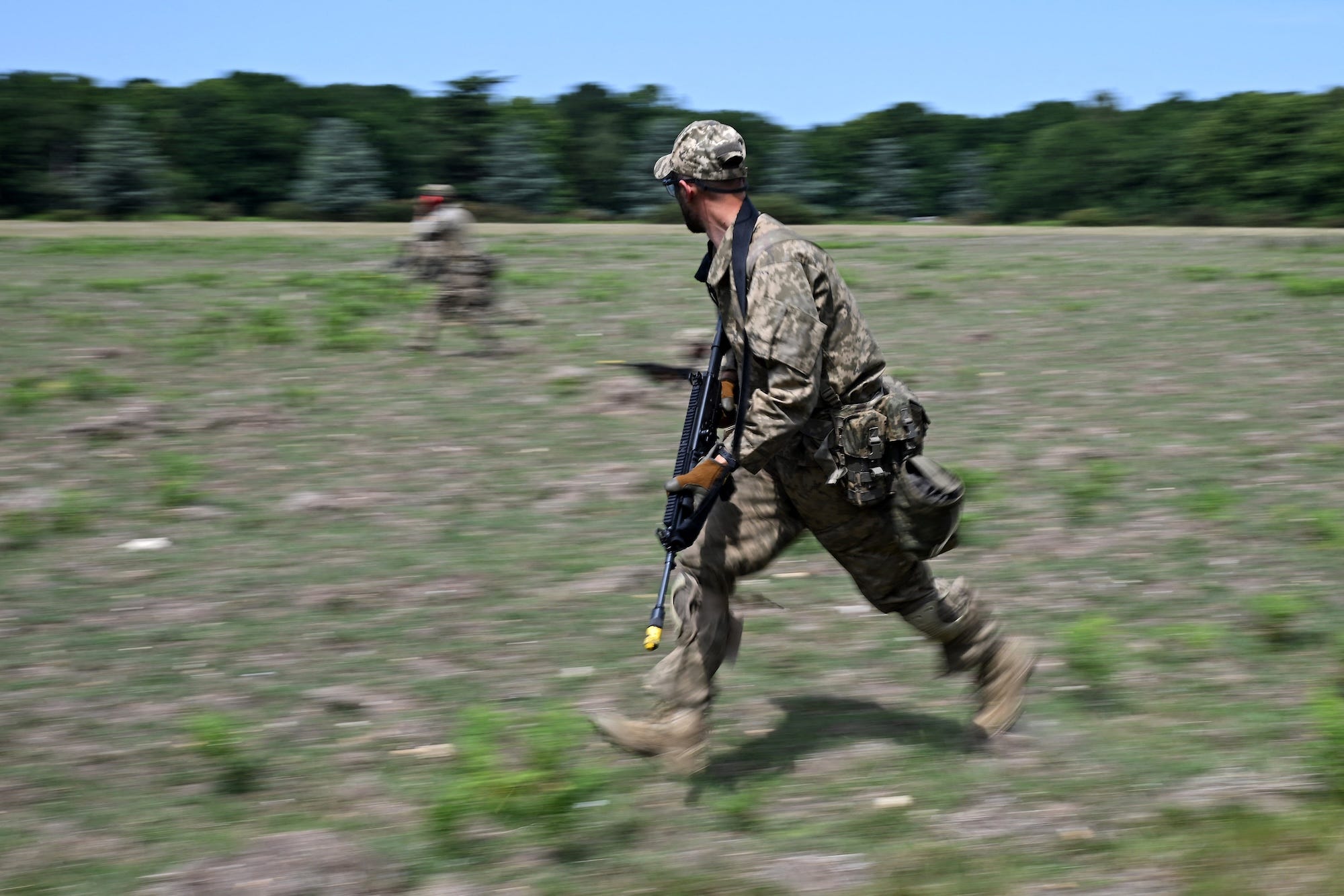 Ukrainian soldiers take part in a training excercise operated by British and Netherlands' armed forces as part of the Interflex programme, in eastern England, on June 17, 2025.