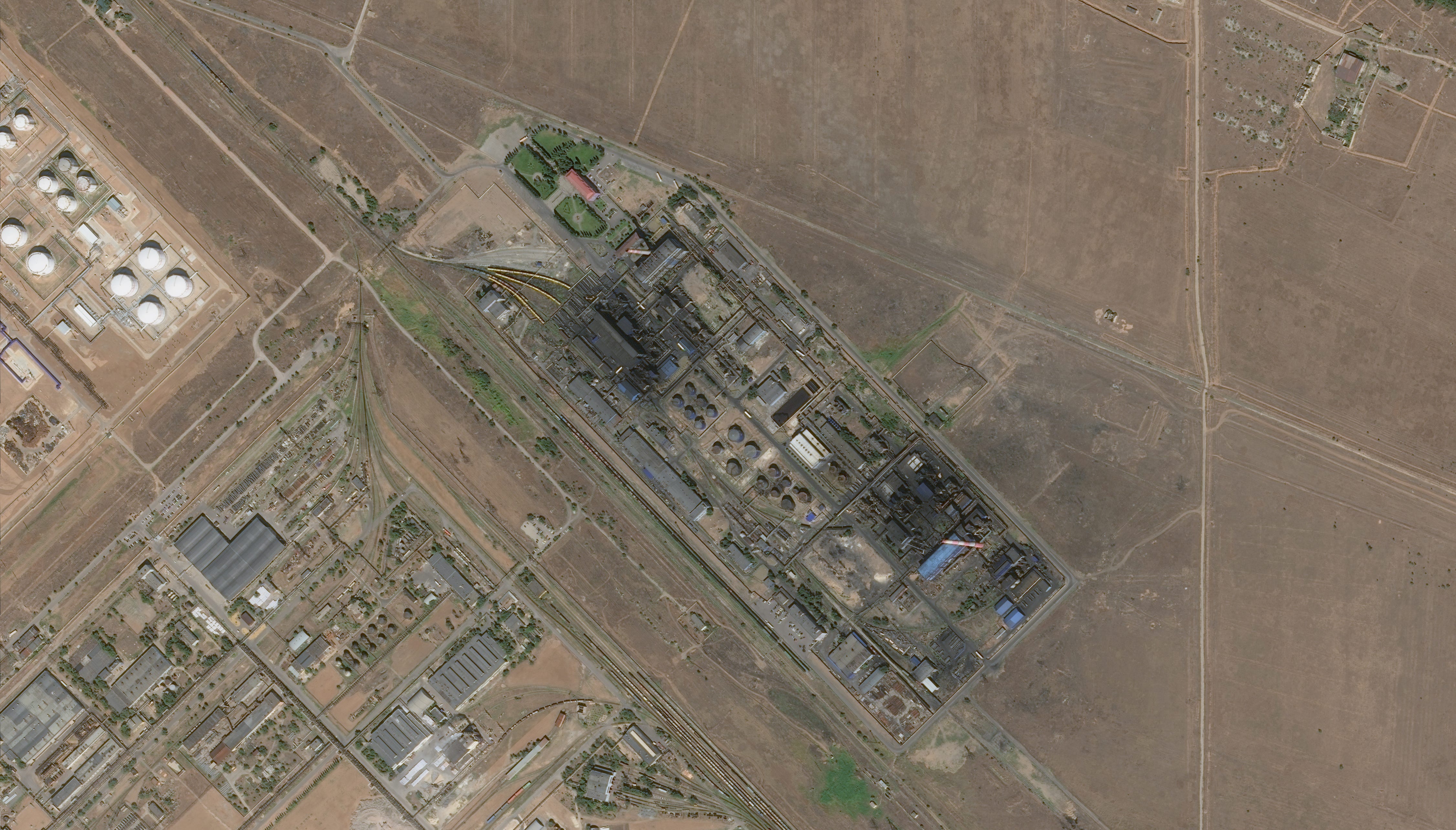 LUKOILS REFINERY, VOLGOGRAD, RUSSIA -- AUGUST 26, 2025: Maxar satellite imagery shows a burned out portion of the Lukoils Volgorad refinery complex following a Ukrainian drone strike. Please use: Satellite image (c) 2025 Maxar Technologies.