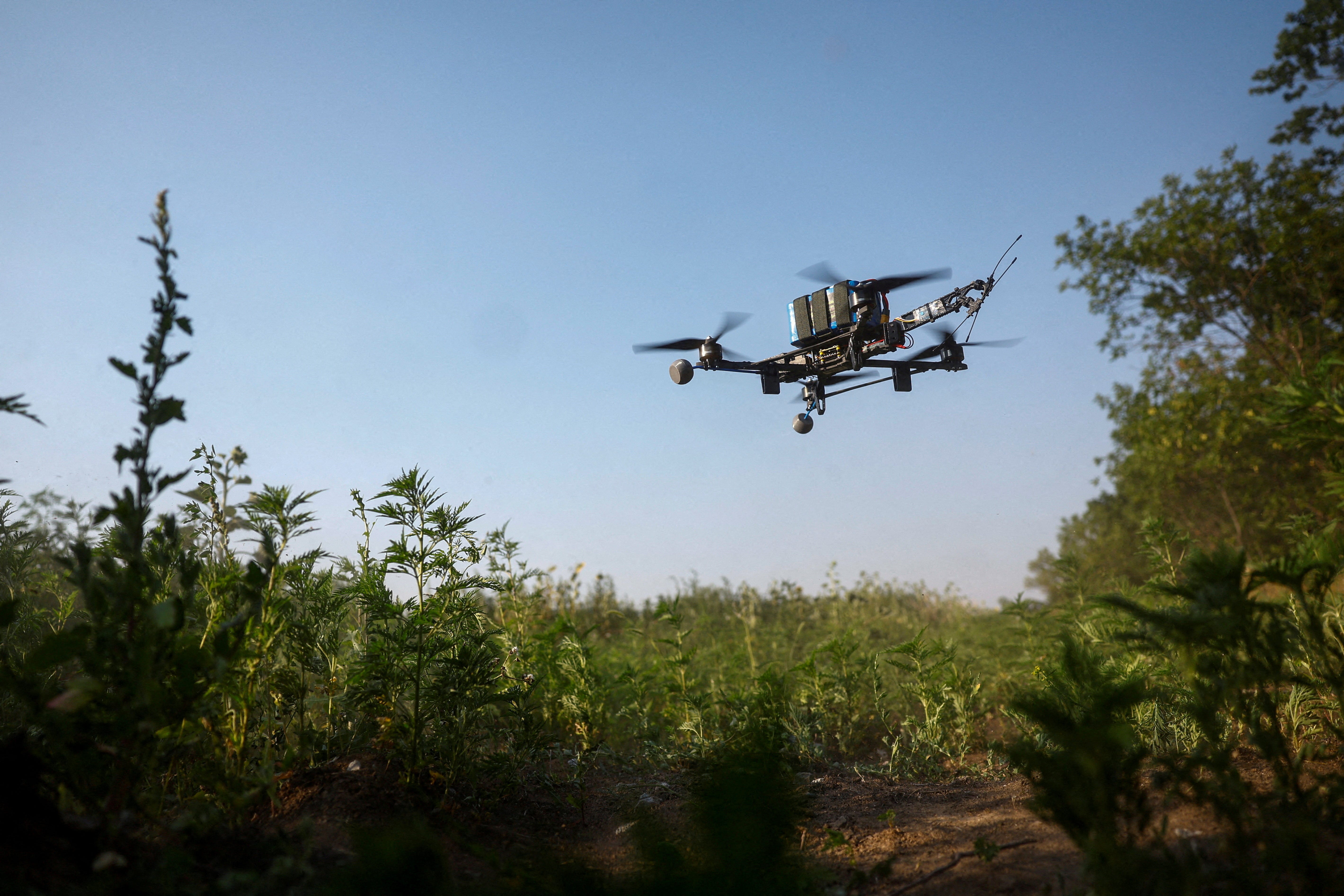 This view shows an interceptor FPV-drone during its flight, in an undisclosed location in Dnipropetrovsk region.