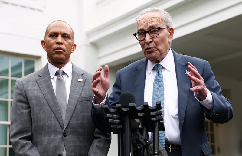 Senate Minority Leader Chuck Schumer and House Minority Leader Hakeem Jeffries speak to the press after meeting with President Donald Trump at the White House as the government shutdown looms.
