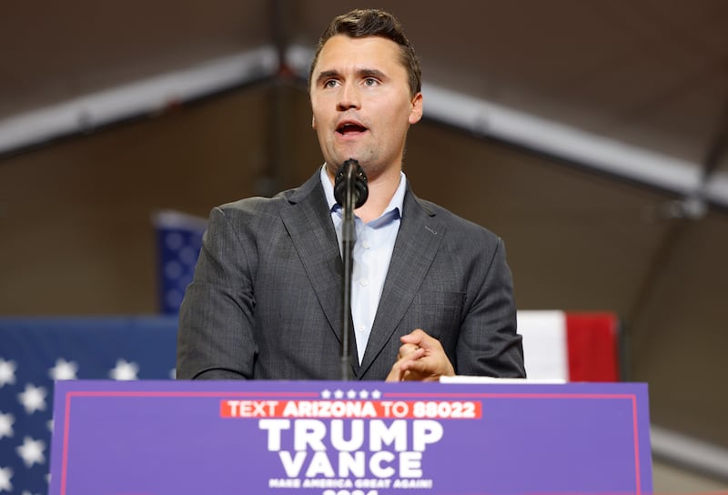GLENDALE, ARIZONA - JULY 31: Charlie Kirk, who founded Turning Point USA, speaks before Republican vice presidential nominee U.S. Sen. JD Vance (R-OH) gives remarks at a campaign rally at Arizona Christian University on July 31, 2024 in Glendale, Arizona. Vance has traveled to cities across the Southwest to attend rallies this week.