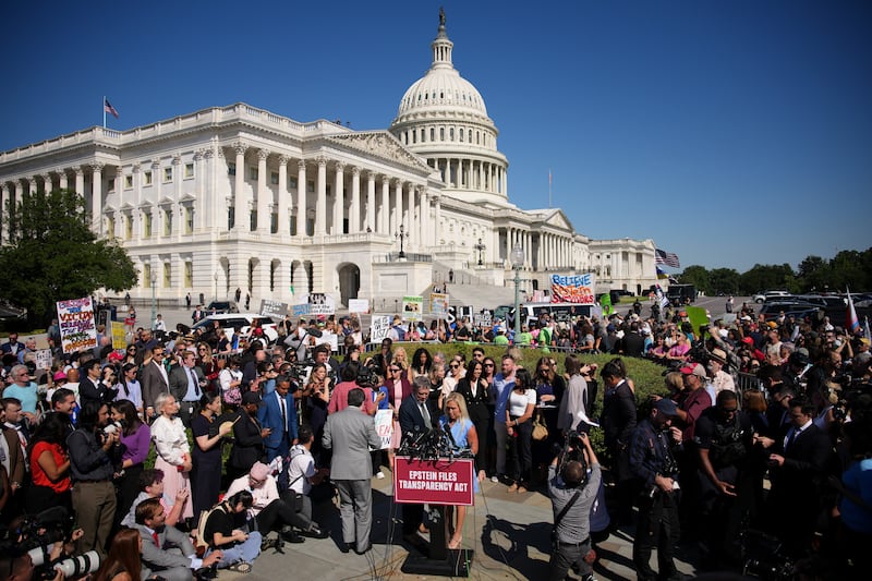 A bipartisan group of lawmakers hold a news conference with alleged victims of disgraced financier and sex trafficker Jeffrey Epstein outside the U.S. Capitol on September 03, 2025 in Washington, DC as Rep. Thomas Massie and Rep. Ro Khanna push to force a vote on the Epstein List Transparency Act to release all files on Epstein and his associate, Ghislaine Maxwell.