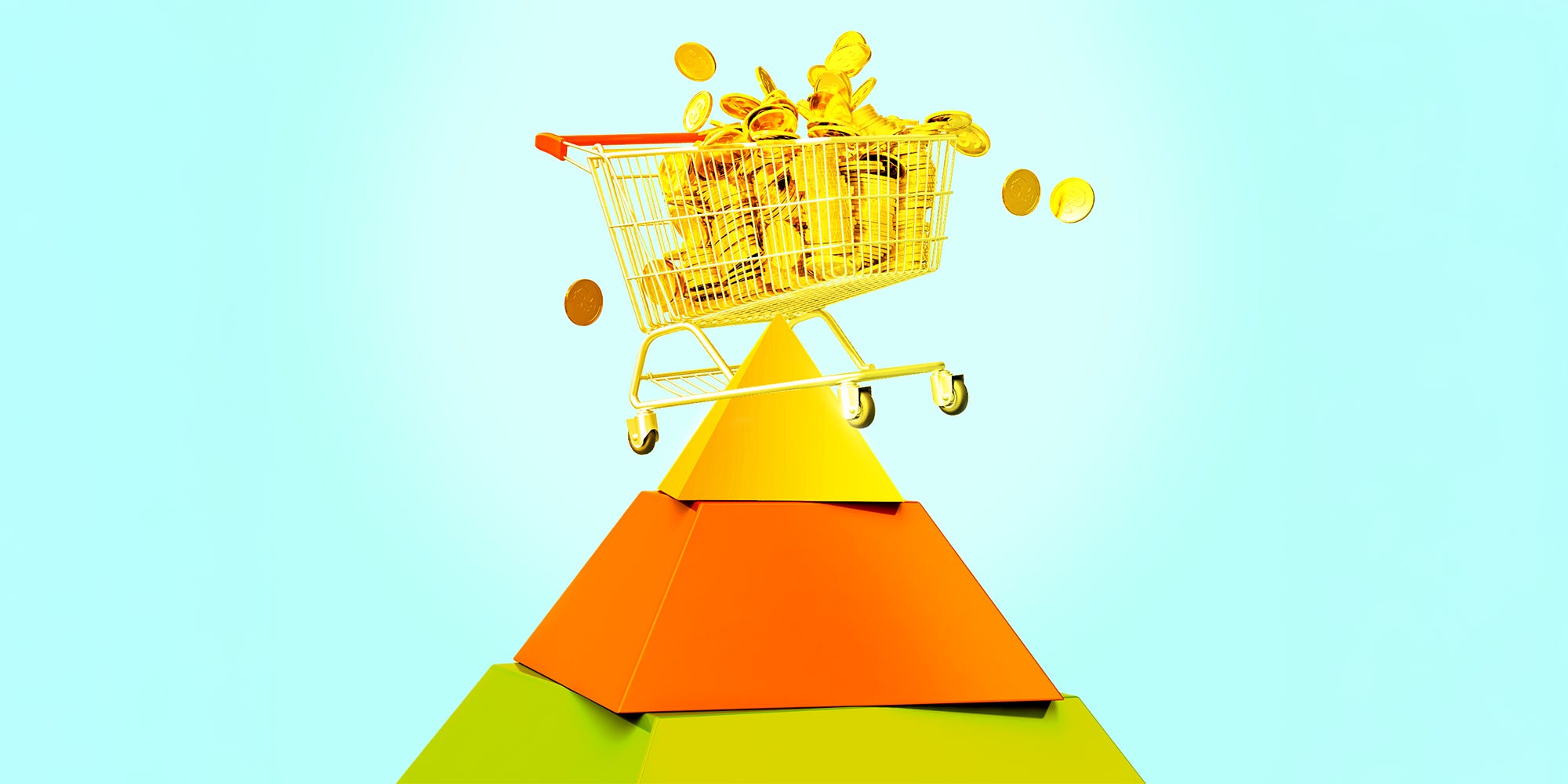 Golden Shopping cart filled with coins on top of a 3 tiered -pyramid.