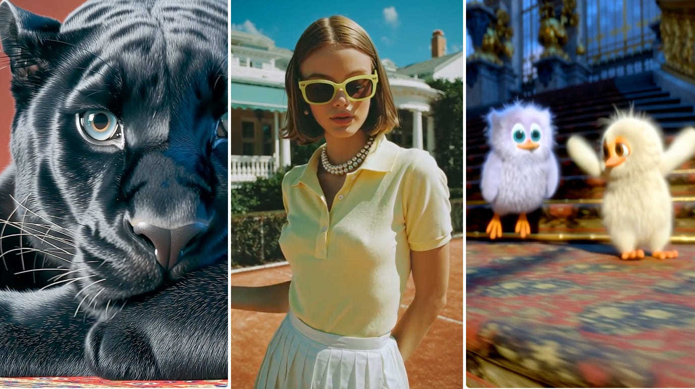a cartoon panther, a girl in yellow hsirt, cartoon ducks