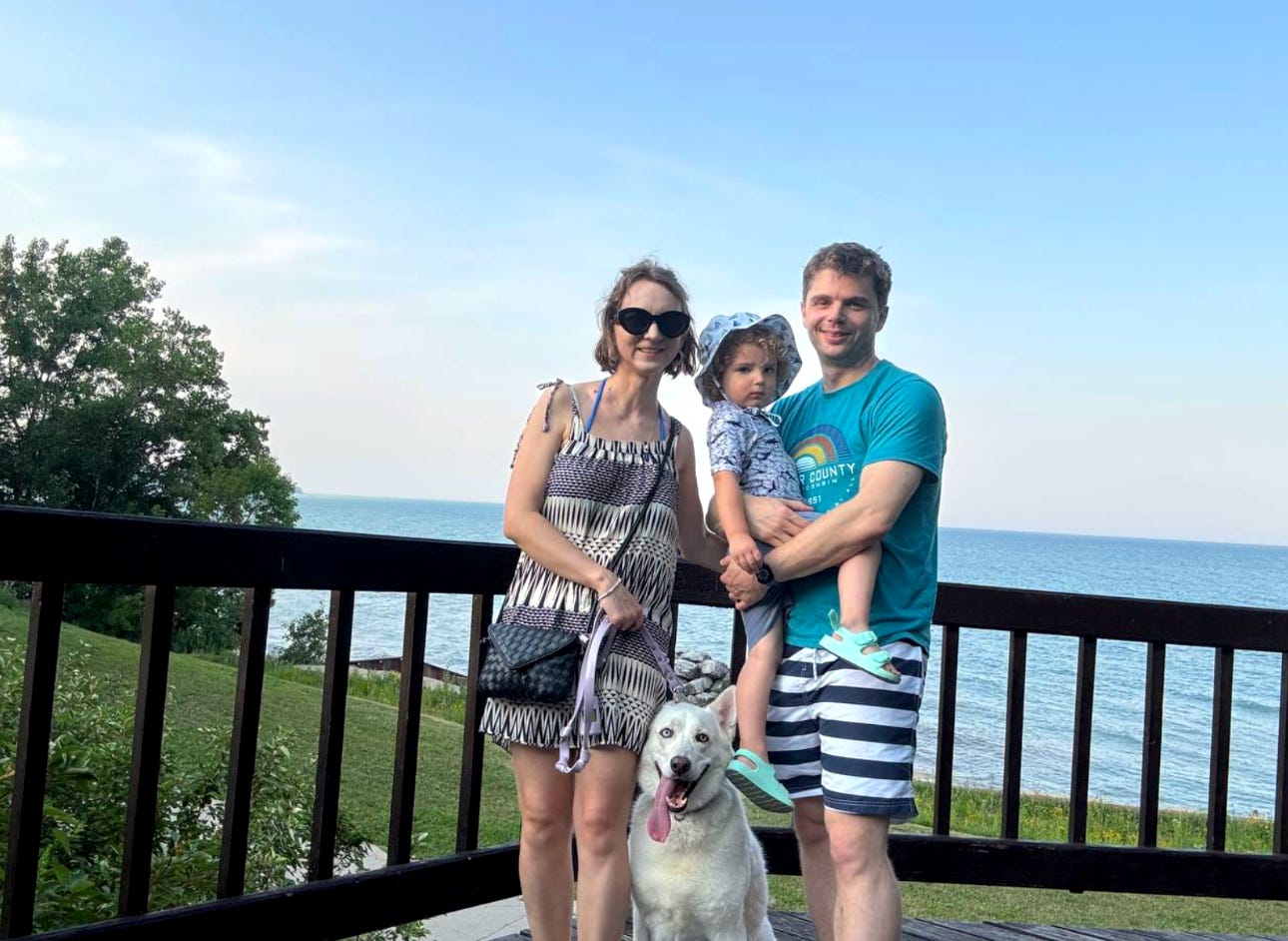 The writer, her husband, and their child in Wisconsin.