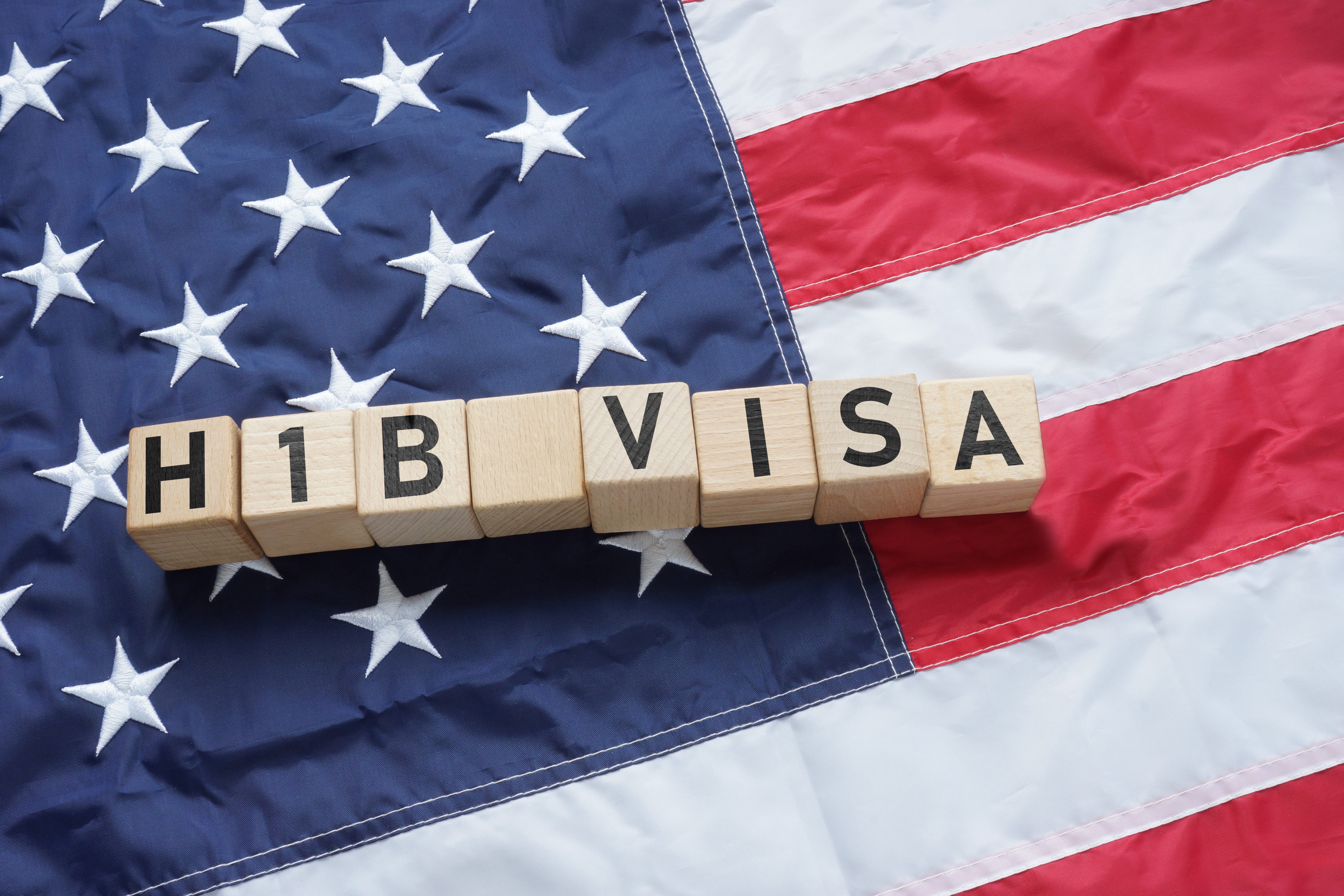 American flag with the words H-1B visa.
