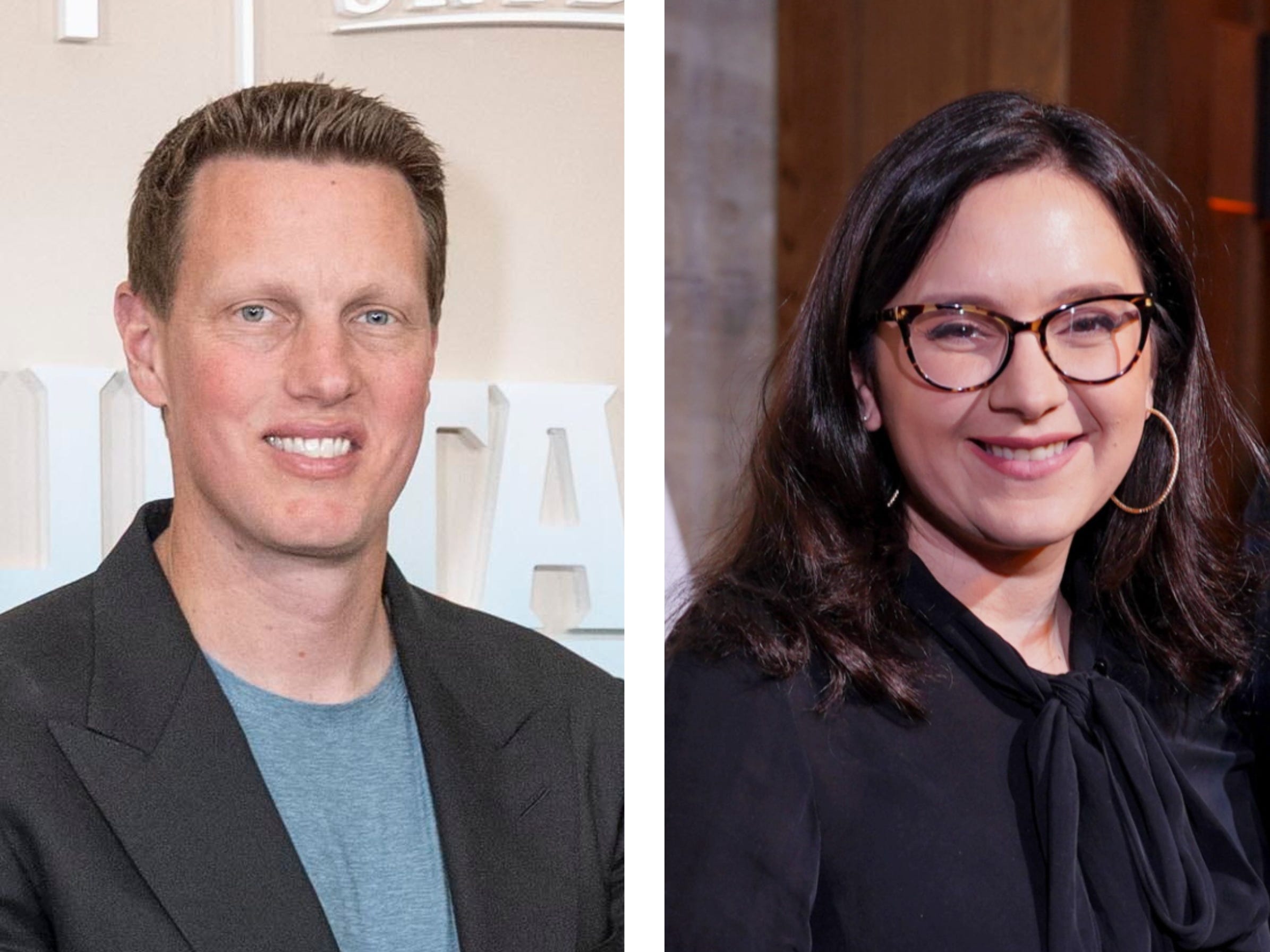 David Ellison (L) , ceo of Paramount Skydance and Bari Weiss, cofounder of The Free Press.