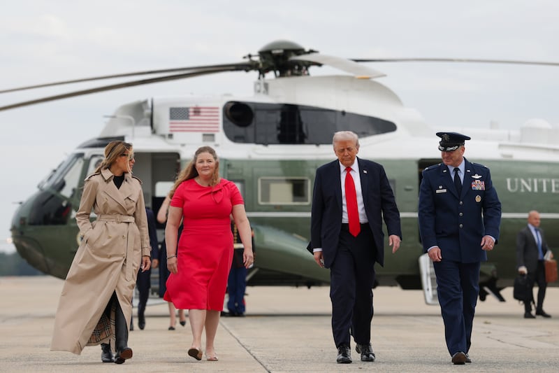 JOINT BASE ANDREWS, MARYLAND - SEPTEMBER 16: U.S. President Donald Trump (2nd-R) and first lady Melania Trump (L) depart Marine One to board Air Force One on September 16, 2025 in Joint Base Andrews, Maryland. President Trump and the first lady are traveling to the United Kingdom where they are expected to meet with King Charles III and Queen Camilla at Windsor Castle and British Prime Minister Keir Starmer. (Photo by Anna Moneymaker/Getty Images)